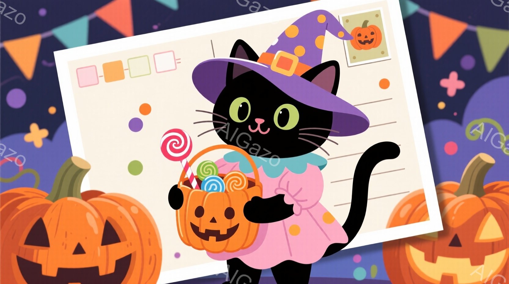 黒猫がハロウィーンの魔女の帽子とピンクのドレスを着て、オレンジ色のカボチャの形をしたバスケットを抱えています。猫は微笑んでおり、背景には様々なハロウィーンの装飾と大きなカボチャが描かれています。全体的 - AI生成フリー素材