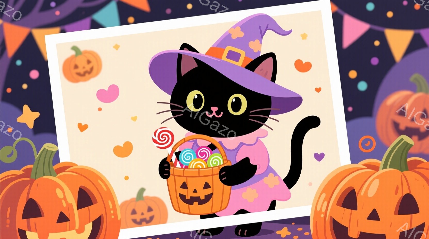 黒猫がハロウィーンの衣装を着ています。紫色の帽子とピンク色のドレスを着て、ジャック・オー・ランタンが描かれたバスケットいっぱいのキャンディーを持っています。背景には、さまざまな表情をしたジャック・オー - AI生成フリー素材