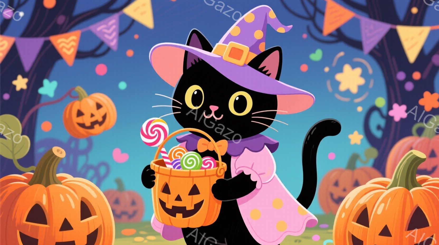 黒猫がピンク色の水玉模様のドレスと紫色の魔女帽子を身に着けて、ハロウィーンのキャンディが入ったカボチャの形をしたバケツを持っています。猫は満面の笑みを浮かべ、少し体を傾けてバケツを見せています。背景には、たくさんの笑顔のカボチャと、ハロウィーンの装飾が散りばめられた楽しげな雰囲気です。