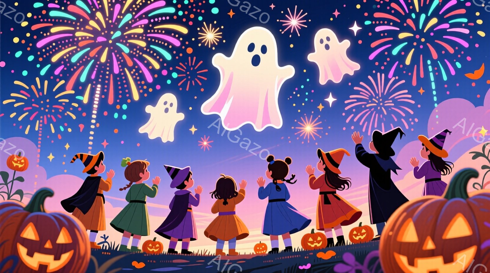 複数の子供たちがハロウィーンの衣装を着て、浮かんだ幽霊を見上げています。彼らは皆、緑、オレンジ、紫などの明るい色のドレスや帽子を身に着け、顔には楽しそうな表情が見られます。背景には、様々な表情をしたジ - AI生成フリー素材