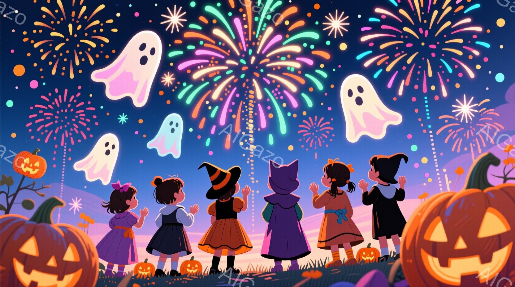 ハロウィーンの衣装を着た子供たちが、夜空に打ち上げられる花火を見上げています。黒いシルエットで描かれた子供たちは、魔女帽子や猫耳、リボンなどで飾られており、それぞれが楽しそうな雰囲気です。背景には、様 - AI生成フリー素材