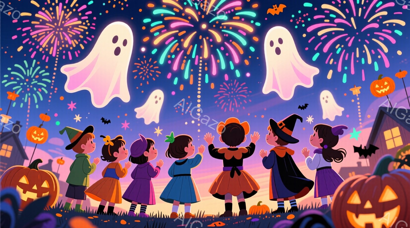 ハロウィーンの夜、数人の子供たちが芝生の上に立って、空に浮かぶ幽霊たちを見上げています。子供たちはそれぞれ異なるハロウィーンの衣装を着ており、オレンジ色、紫、黒などの鮮やかな色が使われています。背景に - AI生成フリー素材