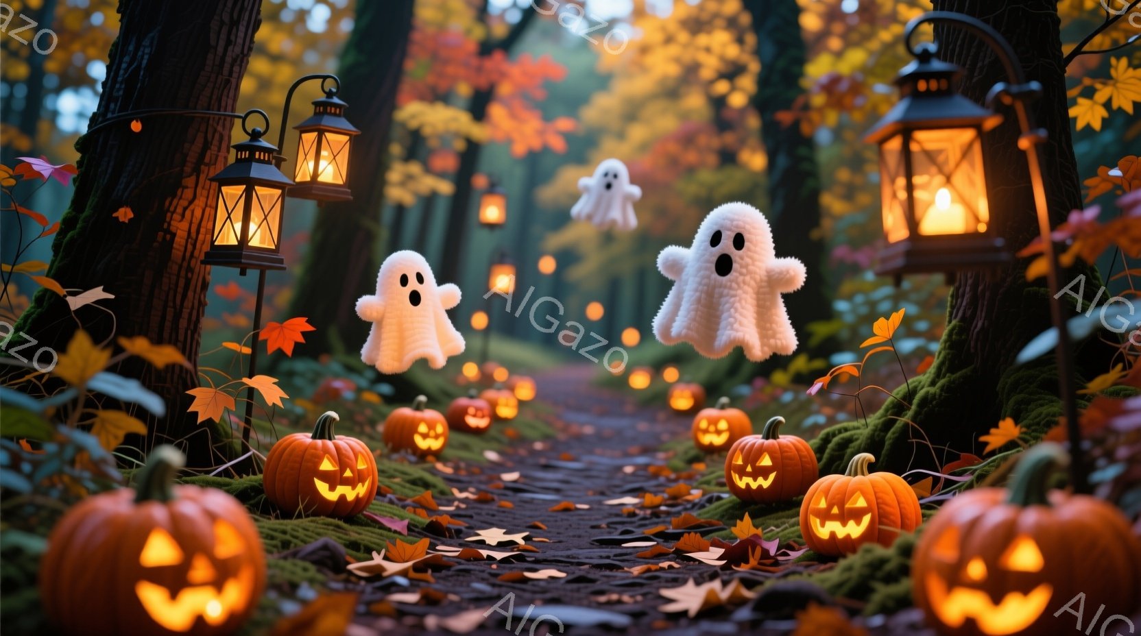 鮮やかなオレンジ色のカボチャが、苔むした森の小道に並び、内部から暖かな光を放っている。小道の両脇には、古風なデザインの提灯が吊るされ、森の奥へと続く道に幻想的な光を添えている。空には、ふわふわとした白 - AI生成フリー素材