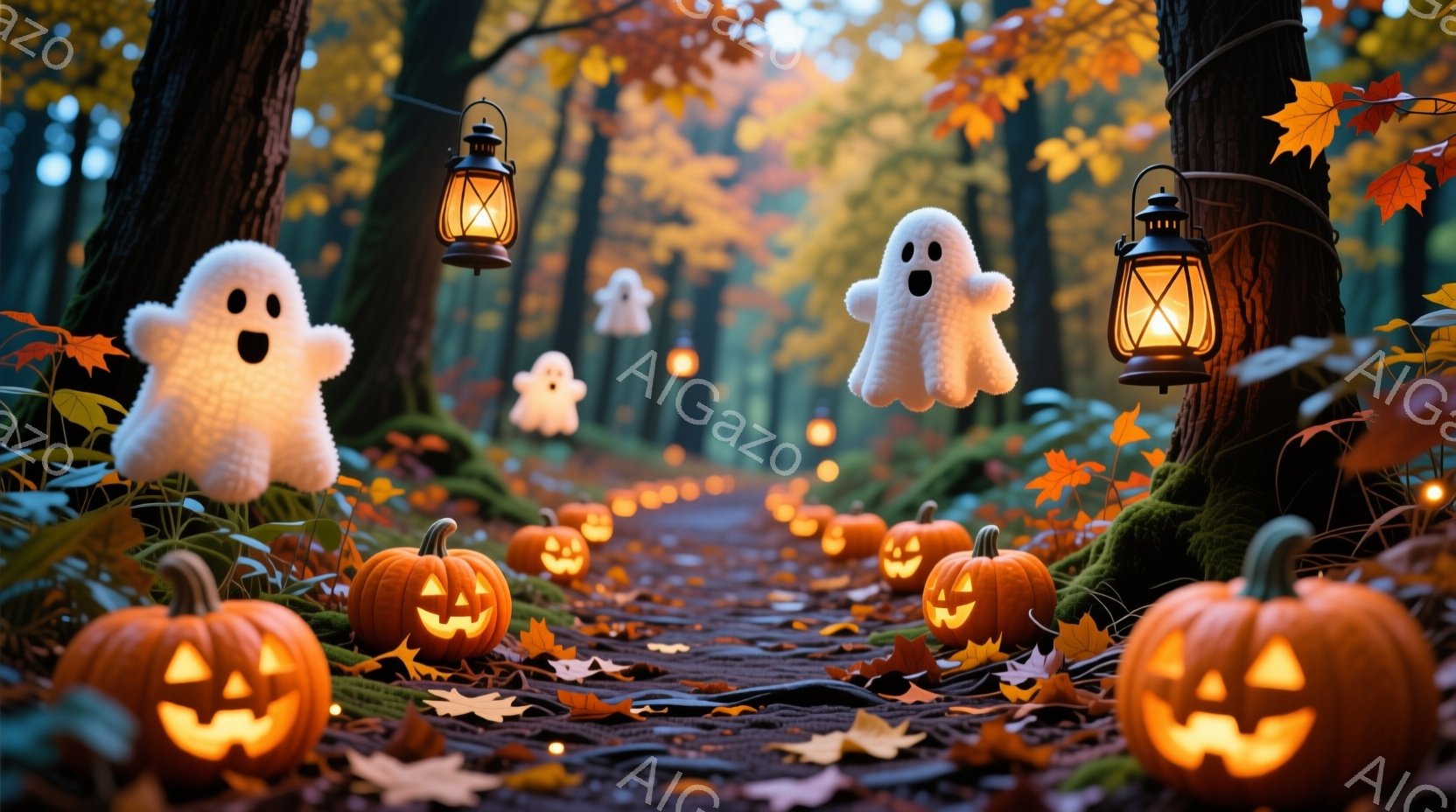 落ち葉が敷き詰められた森の小道に、たくさんのジャック・オ・ランタンと可愛らしいお化けが並んでいます。背景には緑豊かな木々と、ハロウィンらしいオレンジ色の光が差し込み、幻想的な雰囲気を醸し出しています。 - AI生成フリー素材