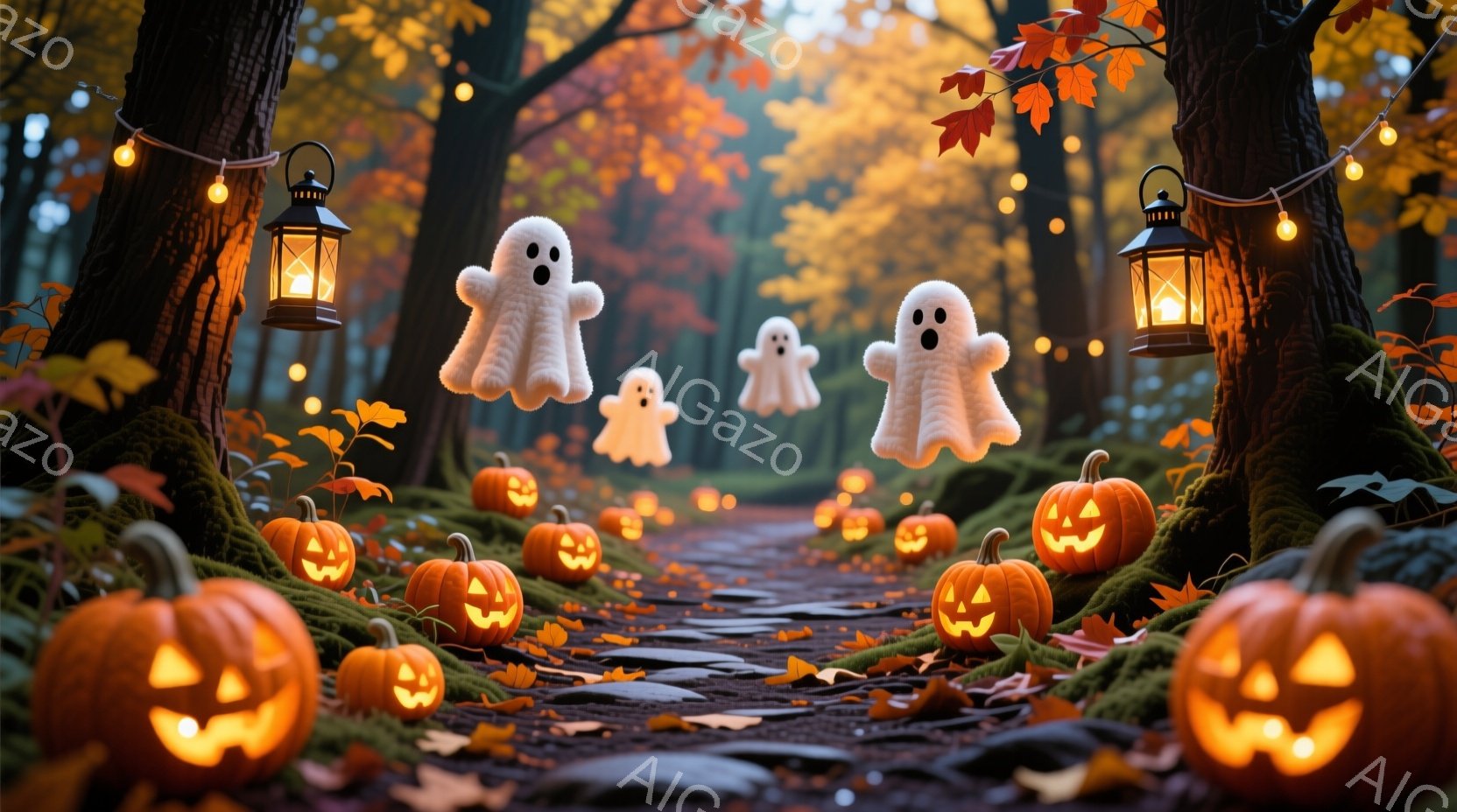 切り株や落ち葉に囲まれた森の小道に、ジャック・オー・ランタンが並び、その上に可愛らしい幽霊たちが浮かんでいます。小道の両脇には苔むした木々が生い茂り、オレンジ色の電飾が点在して、ハロウィンの温かく幻想 - AI生成フリー素材
