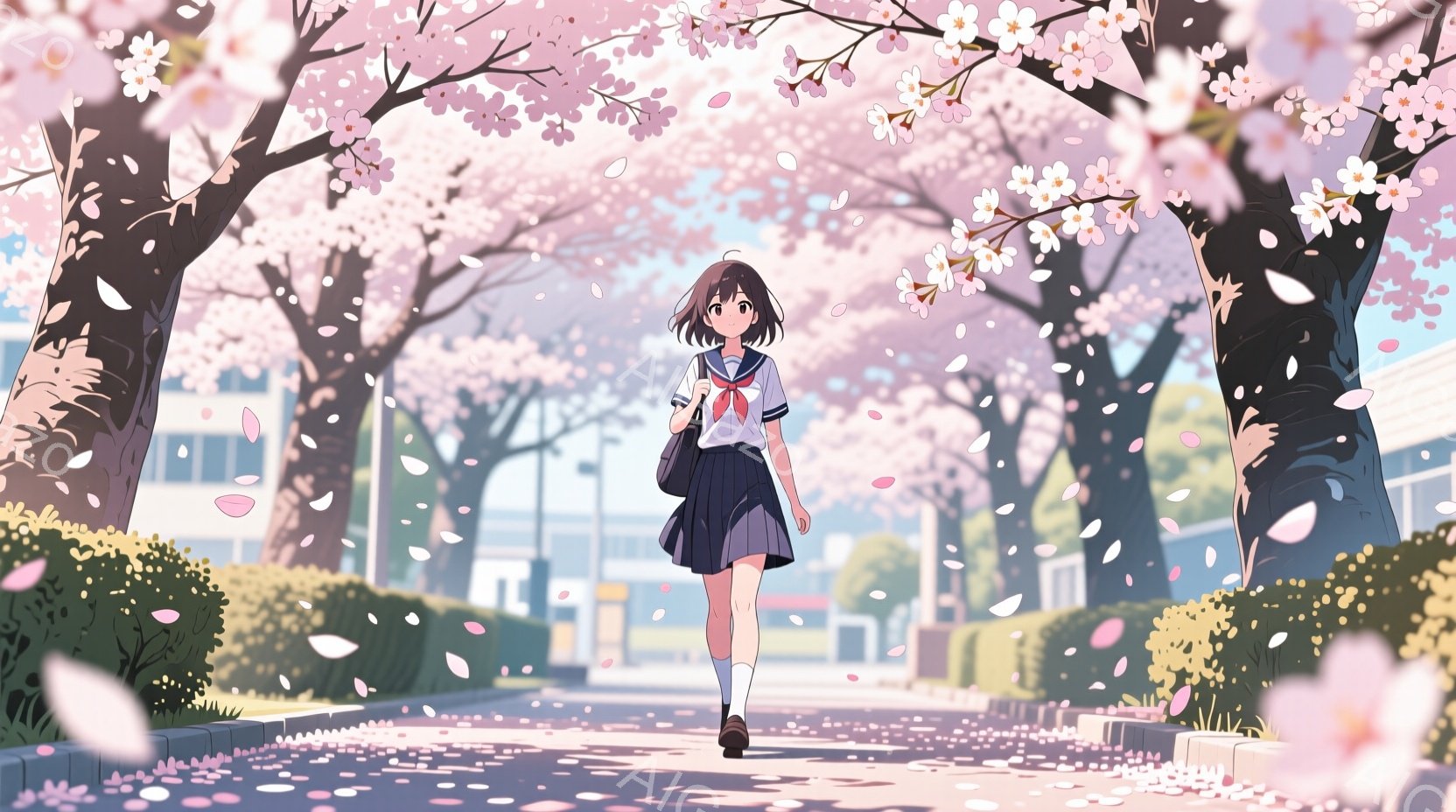 制服姿の少女が、桜並木の中を歩いている。彼女は黒髪のボブスタイルで、少し微笑んでいるように見える。背景には、淡いピンク色の桜の花びらが舞い、穏やかな春の日の雰囲気を醸し出している。 - AI生成フリー素材