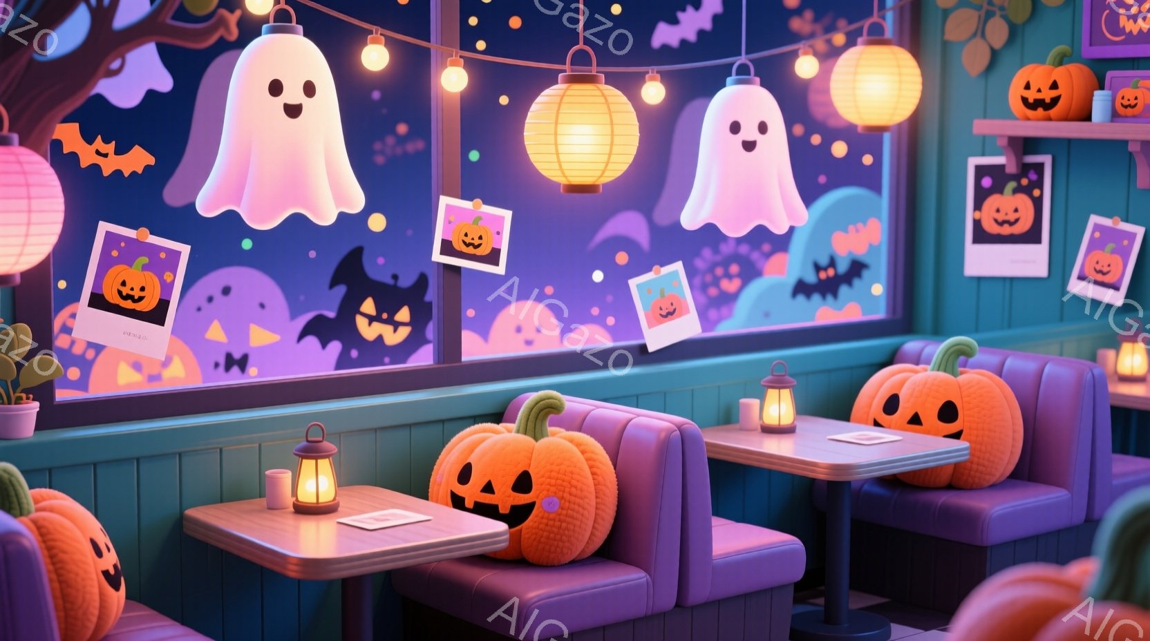 ハロウィーンをテーマにしたカフェの内部で、紫色のブース席と木製のテーブルが並んでいます。壁にはカボチャや幽霊のイラストが飾られ、オレンジ色のランタンが暖かく照らしています。全体的に、楽しげでかわいらしいハロウィーンの雰囲気が漂っています。