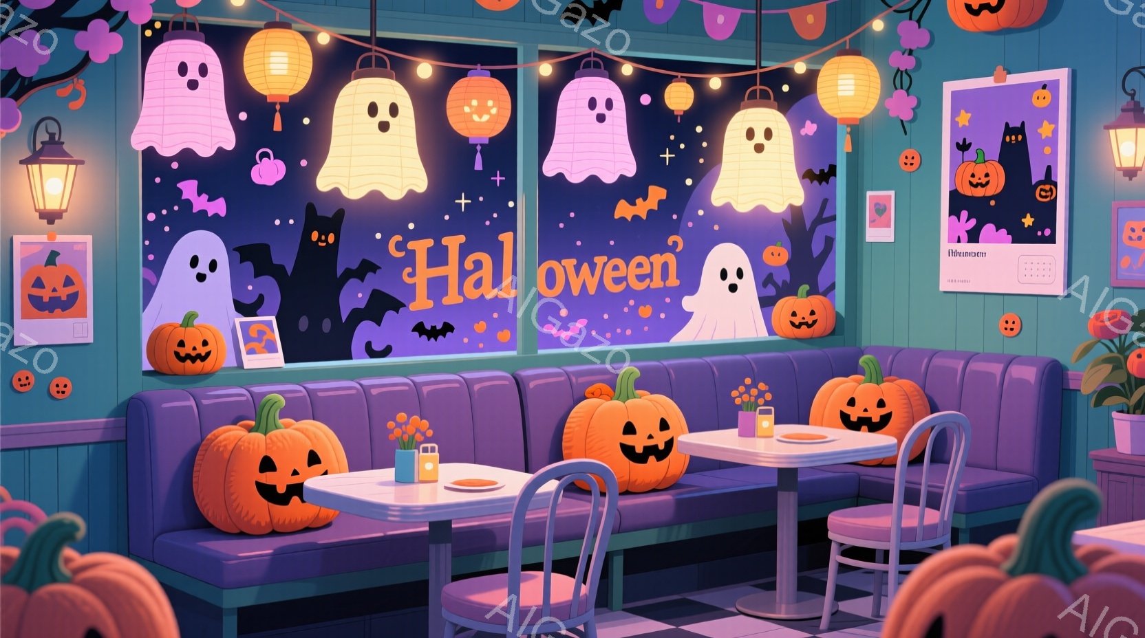 ハロウィーンをテーマにしたダイニングスペースで、紫色のブース席とテーブルが並んでいます。可愛らしいカボチャの形の座席や、お化けの装飾が施されたランタン、壁にはハロウィーンのポスターが飾られ、お祝いムー - AI生成フリー素材