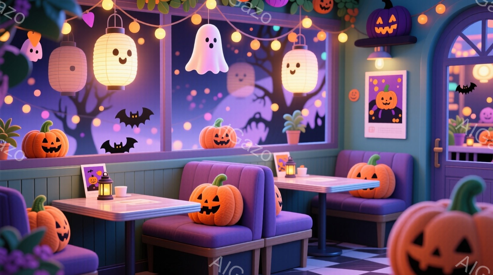 ハロウィーンをテーマにした、紫色の内装のカフェの内部です。オレンジ色のジャック・オ・ランタンがソファやテーブルに配置され、壁には幽霊やコウモリの装飾が施されています。夜空を模した背景には、星と月が描か - AI生成フリー素材