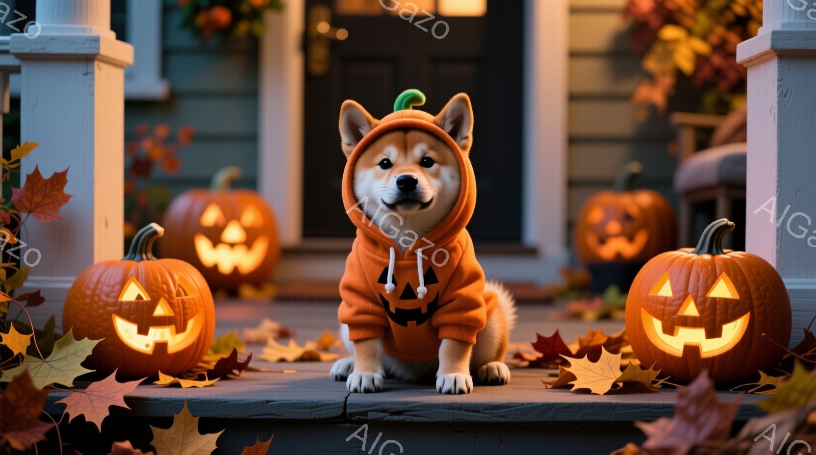シバ犬がハロウィーンの衣装を着て、家の段差に座っています。オレンジ色のパーカーのような衣装を着ており、頭には同じ色の帽子が付いています。背景には、光るジャック・オ・ランタンがいくつか置かれ、落ち葉が散らばっています。