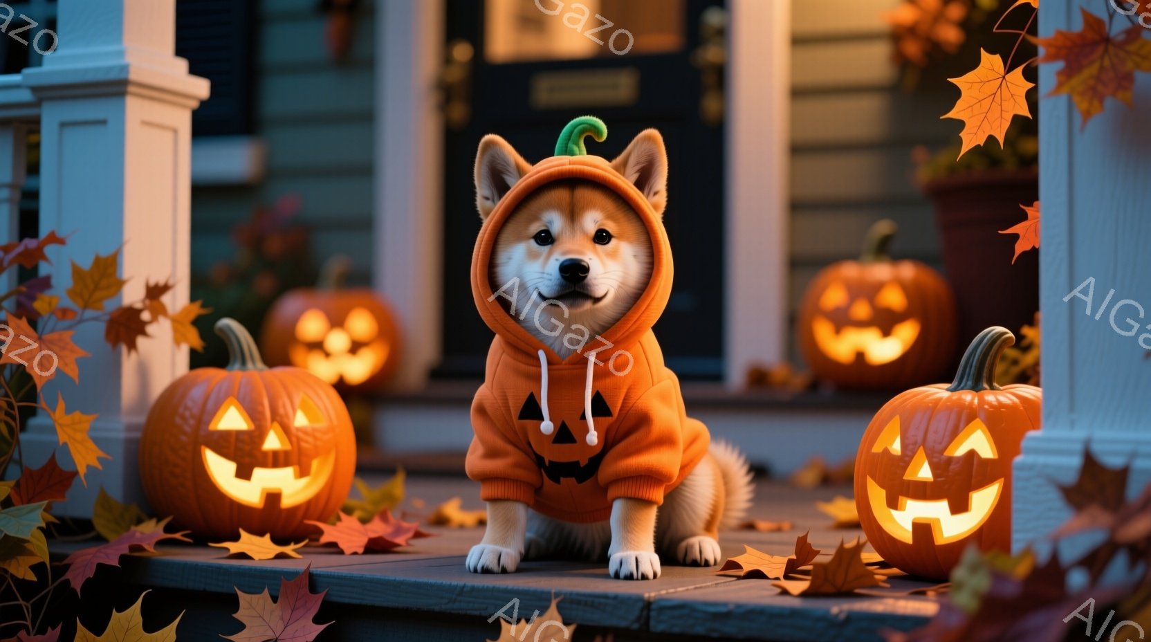 小型犬が「ハロウィン」コスプレで、屋外のポルチェットに座り、周りに点灯したジャック・オランジのパンプキンが散らばっている。雰囲気は楽しく、秋風情質的であり、犬も見事なコスプレによって恐ろしさを和らげている。