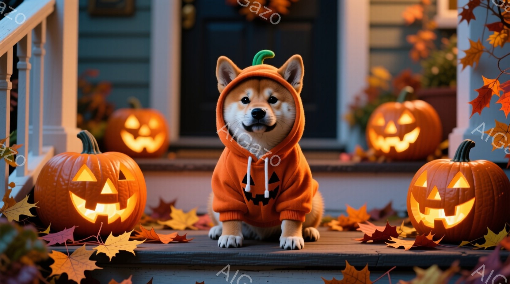 可愛らしい柴犬が、ハロウィーンの衣装であるオレンジ色のパーカーを着て、玄関の木製の床に座っています。周囲には、顔が彫刻された光るカボチャが置かれ、落ち葉が散りばめられています。建物は落ち着いた色合いで - AI生成フリー素材