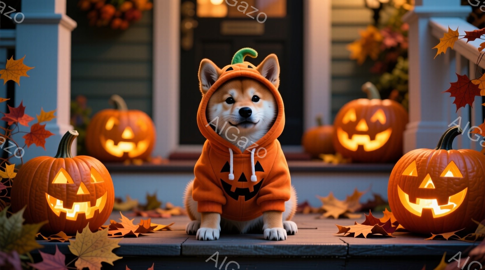 オレンジ色の背景に、可愛らしい柴犬がハロウィーンの衣装を着て座っています。衣装はカボチャをモチーフにしたパーカーで、頭にはカボチャの帽子が付いています。背景には、点灯したジャック・オー・ランタンと落ち - AI生成フリー素材