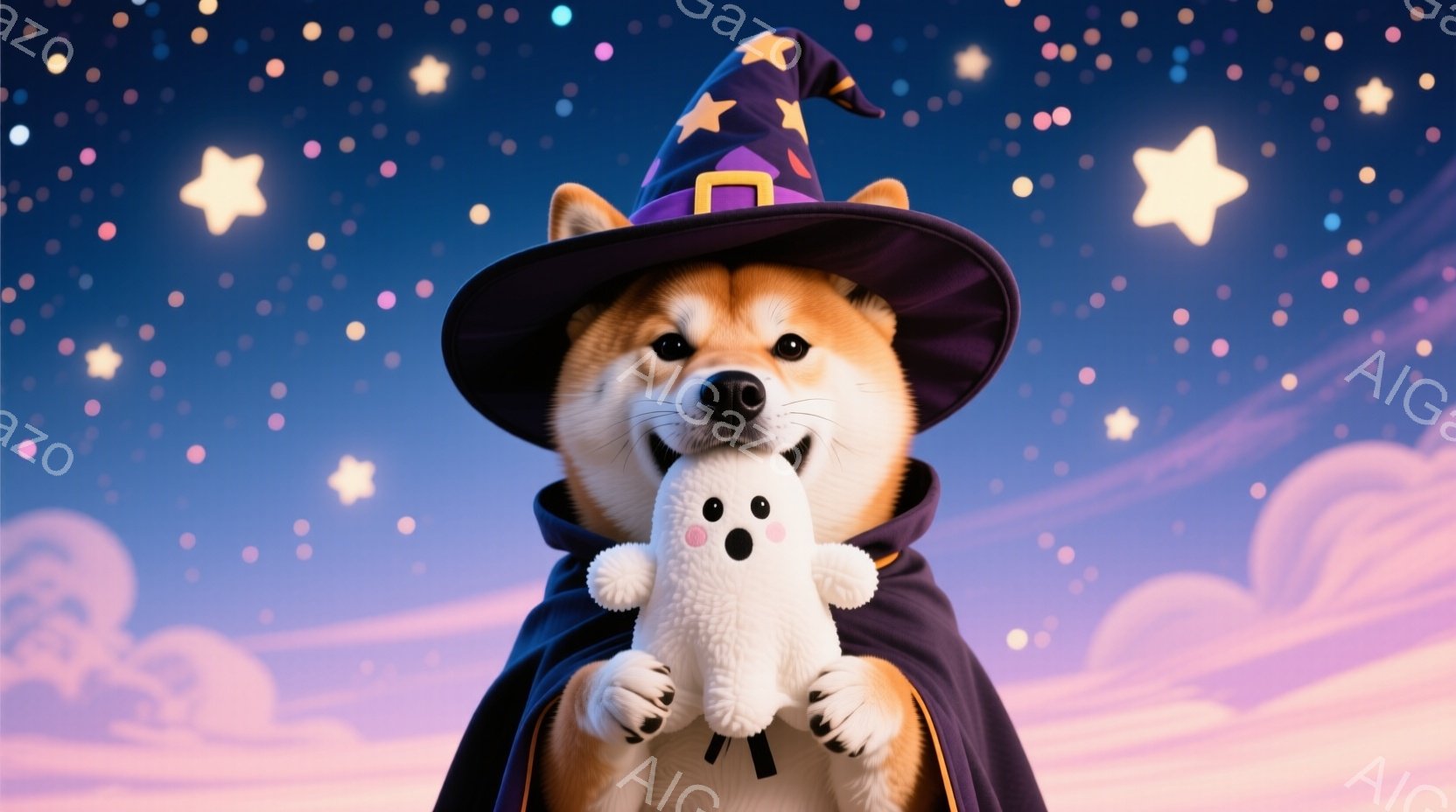 柴犬が魔法使いの衣装を着て正面を見つめています。黒いローブと紫色の魔法使い帽子を身につけ、白いお化けのぬいぐるみを抱きかかえています。背景は紫とピンクのグラデーションで、たくさんの星と雲が浮かび、ファ - AI生成フリー素材