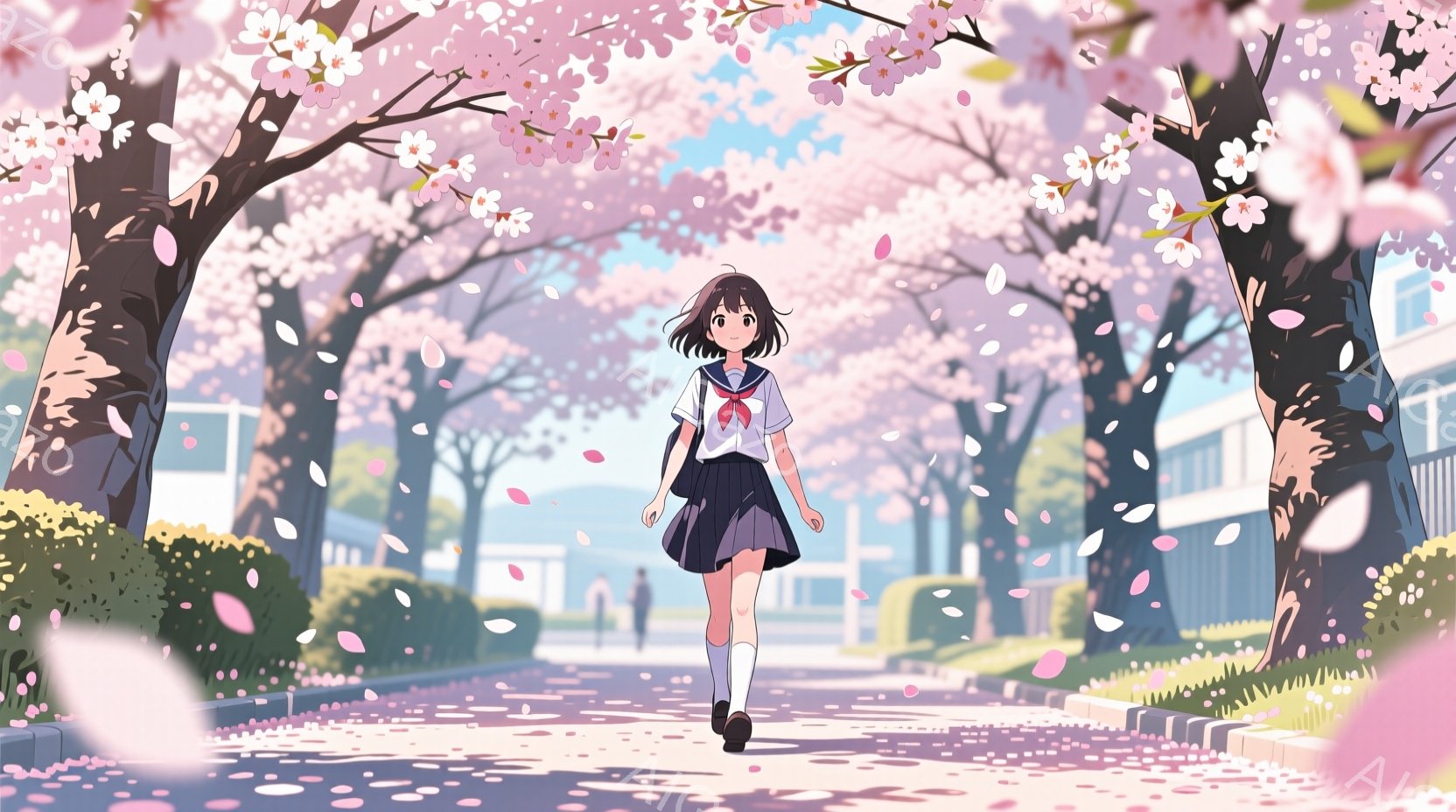 見渡す限りの桜並木の中を、紺色の制服を着た女子高生が歩いている。彼女は黒髪のショートボブで、少し微笑んでいるように見え、白いハイソックスとローファーを履いている。背景には、校舎や住宅がぼんやりと見え、 - AI生成フリー素材