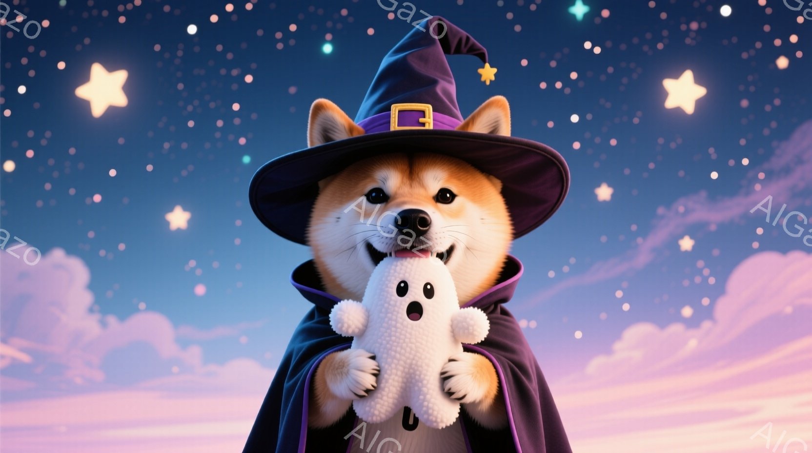 柴犬が魔法使いの衣装を着て、お化けのぬいぐるみを抱えています。紫色のローブと先のとがった帽子を身に着け、口を開けて楽しそうに笑っています。背景には、パステルカラーの雲と星が散りばめられ、幻想的な雰囲気 - AI生成フリー素材