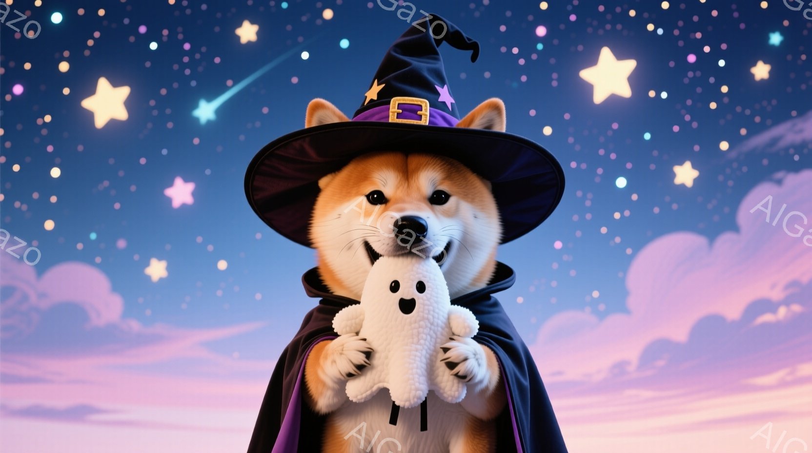 柴犬が魔法使いの衣装を着て、ぬいぐるみの幽霊を抱いています。犬は黒いローブと先のとがった帽子を身に着け、少し微笑んでいるように見えます。背景はパステルカラーの雲と星空で、幻想的で楽しい雰囲気を醸し出し - AI生成フリー素材