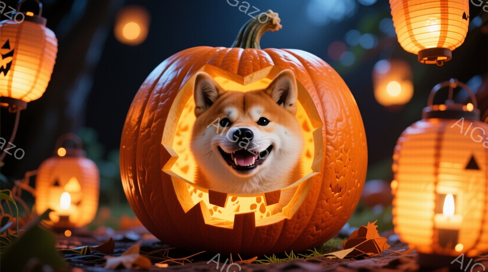 明るいオレンジ色のくり抜かれたカボチャの中に、笑顔の柴犬の顔が浮かび上がっています。カボチャの周囲には落ち葉が散らばり、背景にはハロウィーンのランタンがぼんやりと灯っています。全体的に暖かく、お祝いム - AI生成フリー素材