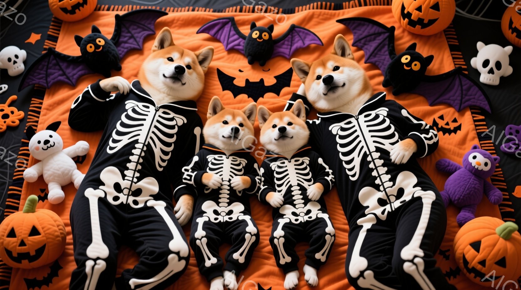 オレンジ色の背景に、骨格模様の衣装を着た柴犬が3匹横たわっています。犬たちはリラックスした表情で、ハロウィーンの装飾であるカボチャやお化けのぬいぐるみ、コウモリなどが周りに散りばめられています。 全体 - AI生成フリー素材