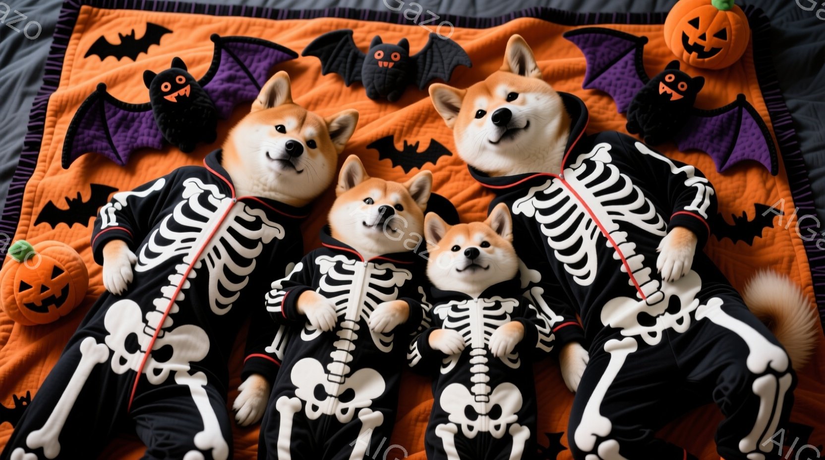 鮮やかなオレンジ色の背景に、柴犬たちが骸骨のコスチュームを着て集まっています。犬たちは皆、前足を伸ばして座っており、それぞれ少しずつ異なる表情をしています。背景には、ハロウィーンを象徴するカボチャやお - AI生成フリー素材