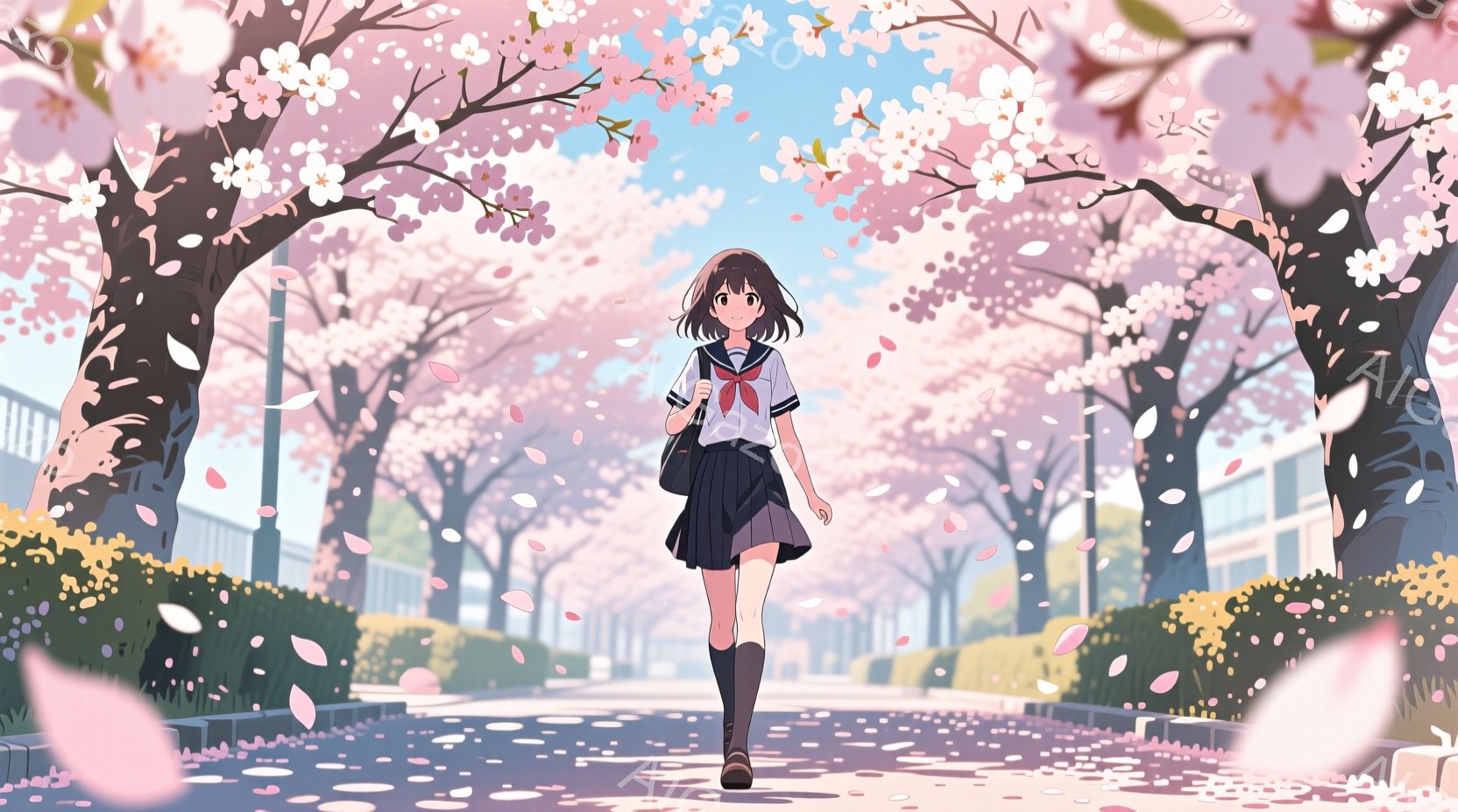 制服を着た少女が、桜並木の中を歩いている。彼女は黒髪で、短い髪型に、リボンをつけている。背景には、桜の花びらが舞い、春の暖かく穏やかな雰囲気が漂っている。 - AI生成フリー素材