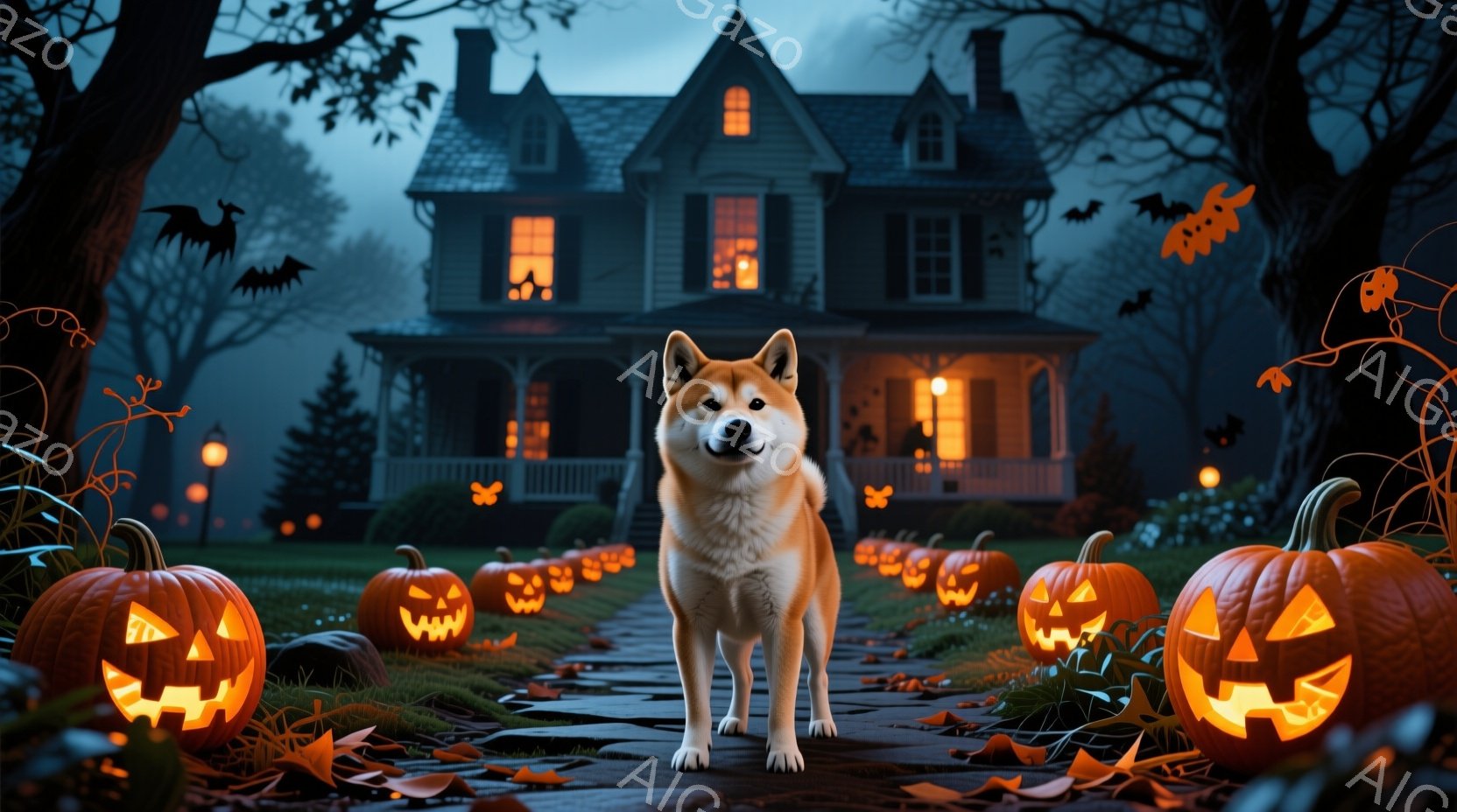 犬は統一的な赤色のコテキントレーションで飼われ、夜間のハロウィンイベントの前に家を覗きます。彼は敏感な表情で直立している。背景は雨が降っており、暗く照らされたホラーハウスと炎の中にある数多くのジャックオランソンの種類で装飾された落葉のカブトリコロ。整体的な印象は、より深い神秘性と不気味に満ちた空気があります。