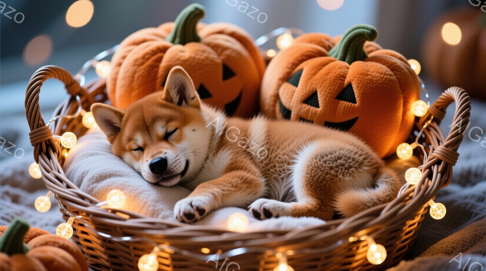 籠の中に眠っている子犬が描かれています。子犬は茶色い毛並みで、丸くなってリラックスした様子で眠っており、足元には白い毛布が敷かれています。背景にはハロウィーンの飾りであるジャック・オ・ランタンと、暖か - AI生成フリー素材