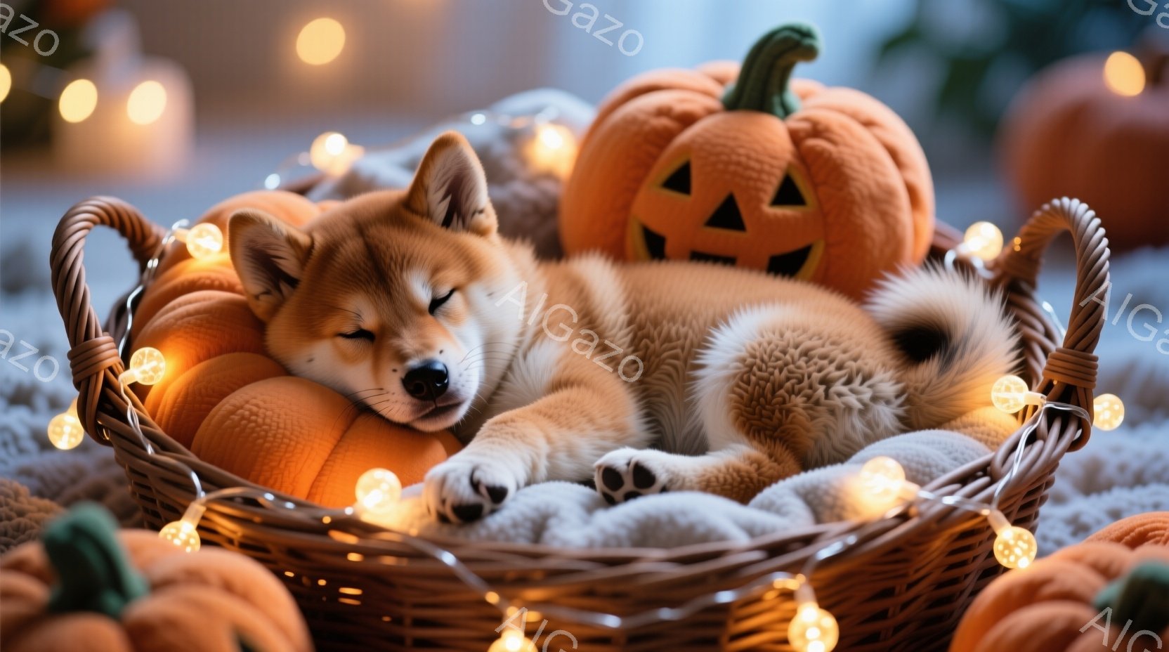 籠の中に眠っている子犬がいます。オレンジ色のハロウィーンカボチャと白い毛布に囲まれ、温かい光のストリングライトが籠を飾り、秋の穏やかで心地よい雰囲気を醸し出しています。子犬はリラックスした姿勢で、夢の - AI生成フリー素材