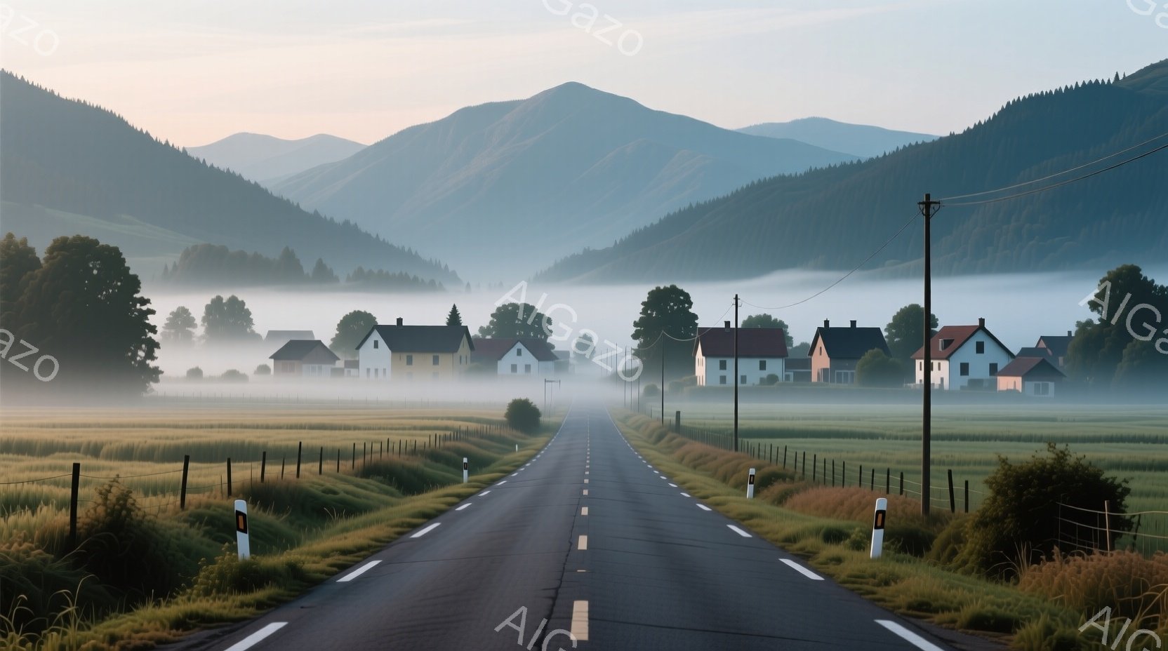 舗装された道路が、霧に包まれた緑豊かな丘陵地帯の中心へと伸びています。道路の両側には牧草地が広がり、遠方には小さな家々が点在しており、穏やかで牧歌的な雰囲気を醸し出しています。早朝の霧が立ち込め、神秘 - AI生成フリー素材