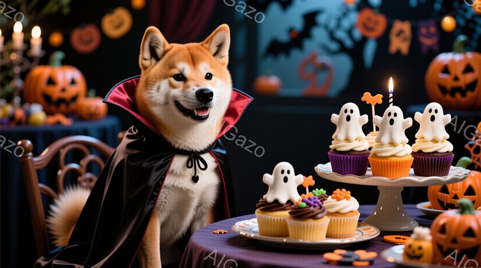 オレンジ色の柴犬が、黒いマントを羽織り、ハロウィーンのコスチュームを着ています。犬は口を開けて笑顔を見せ、テーブルに置かれた可愛らしいお化けのデコレーションが施されたカップケーキの前に座っています。背 - AI生成フリー素材