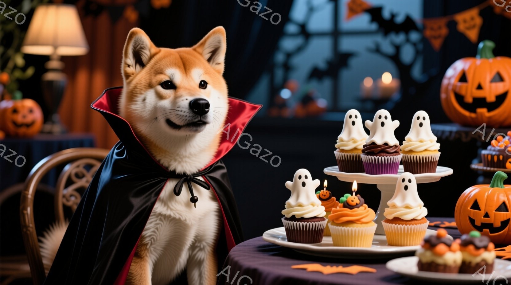 シバイヌがハロウィーンの吸血鬼の衣装を着て、黒いマントを羽織っています。テーブルの上には、お化けのデコレーションがされたカップケーキやその他のスイーツが並べられ、背景にはハロウィーンの装飾が施された室内がぼんやりと見えます。全体的に、ハロウィーンをテーマにした可愛らしく楽しい雰囲気を醸し出しています。