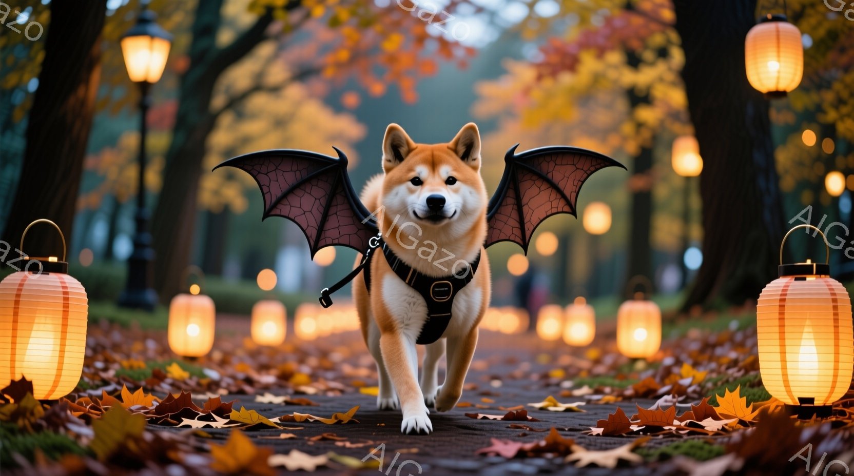 柴犬がハロウィーンの蝙蝠の翼を身につけ、落ち葉が敷き詰められた遊歩道を歩いている。背景にはオレンジ色の提灯が並び、秋の夕暮れを照らし出し、紅葉した木々が美しい風景を作り出している。犬は前方をまっすぐ見つめ、楽しそうな表情で、秋の散歩を楽しんでいる様子が伝わる。