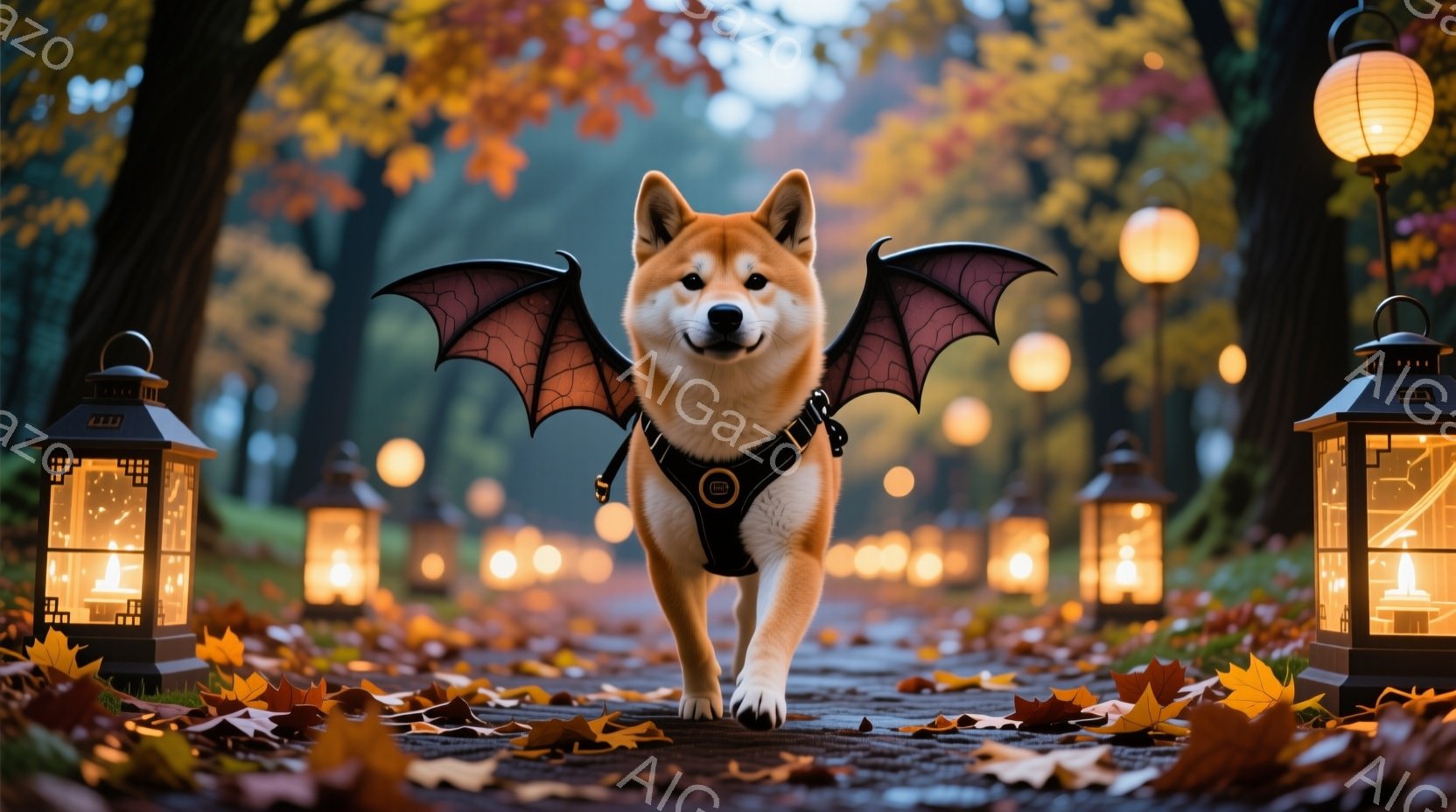 シバイヌがハロウィーンの衣装として翼を付けて、落ち葉が敷き詰められた遊歩道を歩いています。周りには提灯のような光が灯り、背景には秋色の木々がぼんやりと見え、趣のある雰囲気を醸し出しています。犬は前方をまっすぐ見つめ、歩き出すような姿勢で、活気があり、お茶目な表情を見せています。