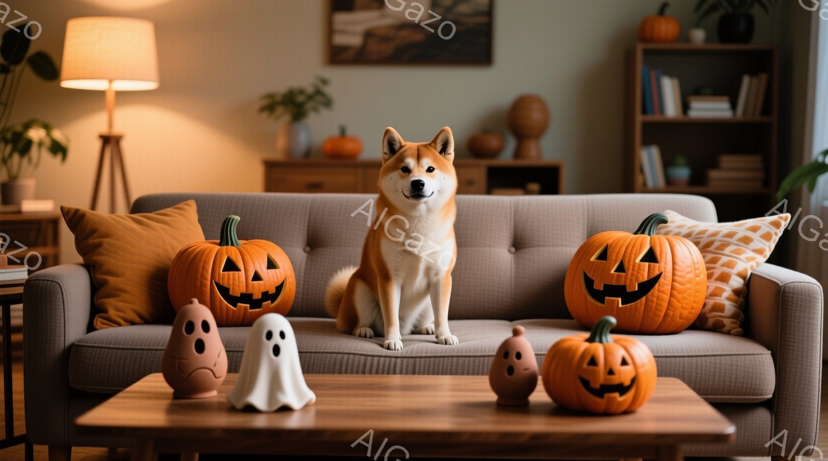 暖炉のある居間に、彫刻が施されたカボチャと幽霊の置物が置かれた木のテーブルの前に、柴犬が座っています。犬はまっすぐ前を見ており、落ち着いた表情をしています。背景には、本棚と植物が見え、ハロウィンの飾り - AI生成フリー素材