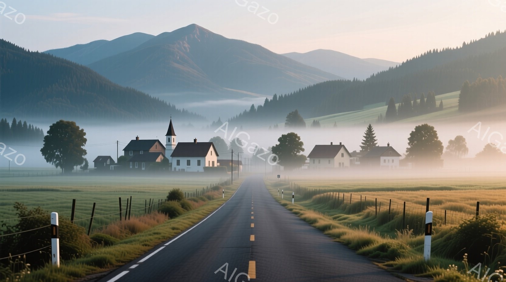 舗装された道が緑豊かな牧草地をまっすぐに進み、遠くには霧に包まれた山々が連なっている。道沿いには簡素な家々が点在し、その向こうには緑の丘が広がっている。朝早い時間帯で、柔らかい光が辺りを照らし、静かで - AI生成フリー素材