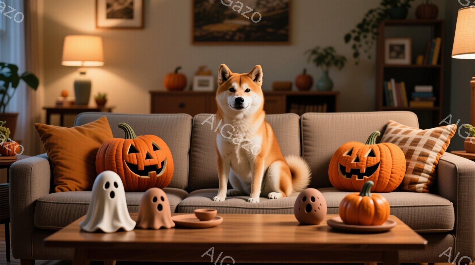 オレンジ色の柴犬が、ハロウィーンの飾り付けがされたリビングのソファに座っています。背景には木製の棚や植物があり、暖かく、秋らしい雰囲気です。ゴーストとカボチャの置物が、ハロウィーンのテーマを強調してい - AI生成フリー素材