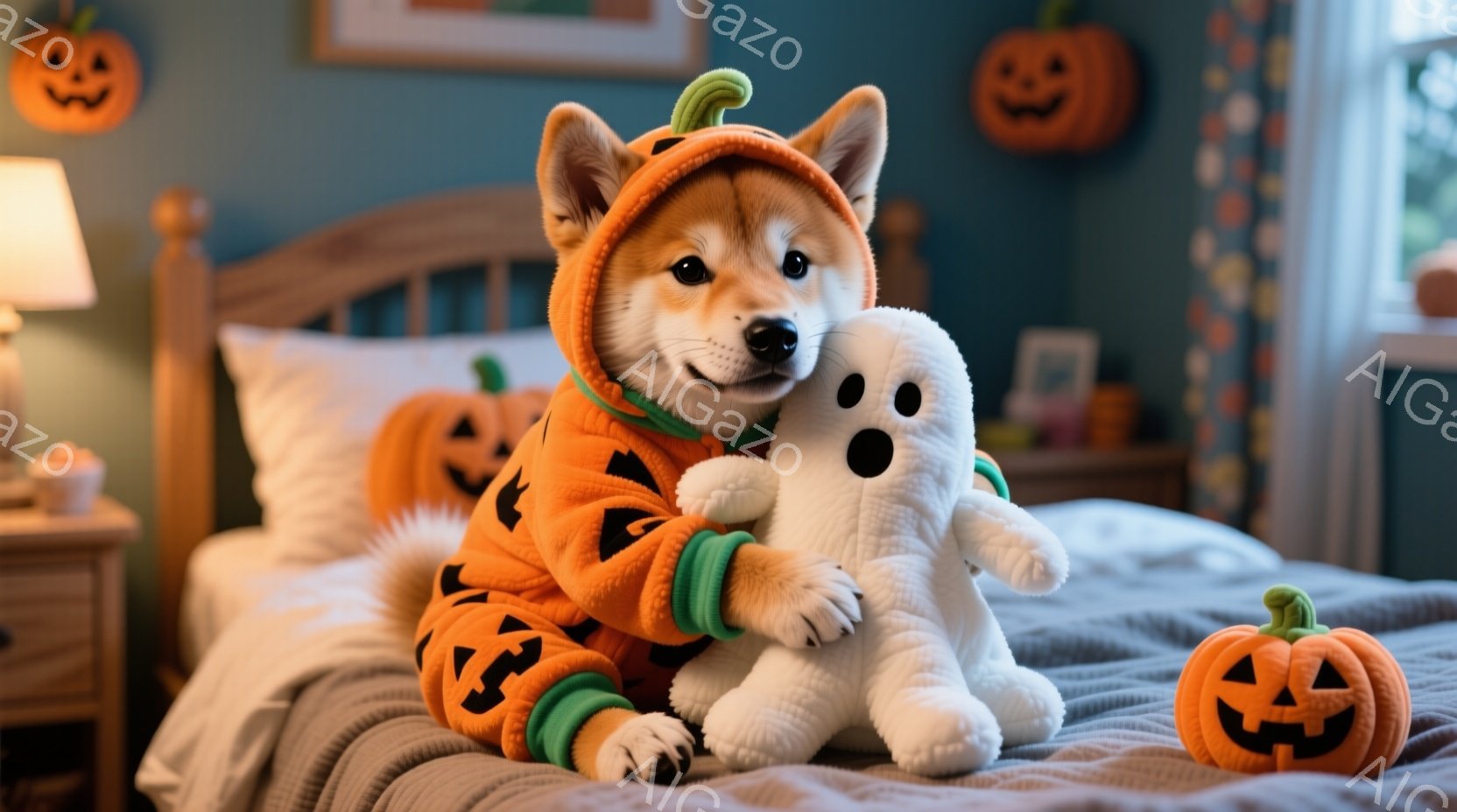 シバ犬がハロウィーンの衣装、カボチャの着ぐるみ姿でベッドに座っています。抱きしめているのは白い幽霊のぬいぐるみで、犬は少し微笑んでいるように見えます。背景には、ハロウィーンの装飾であるカボチャの飾りと、ぼやけた部屋の様子が見え、暖かく楽しい雰囲気が漂っています。
