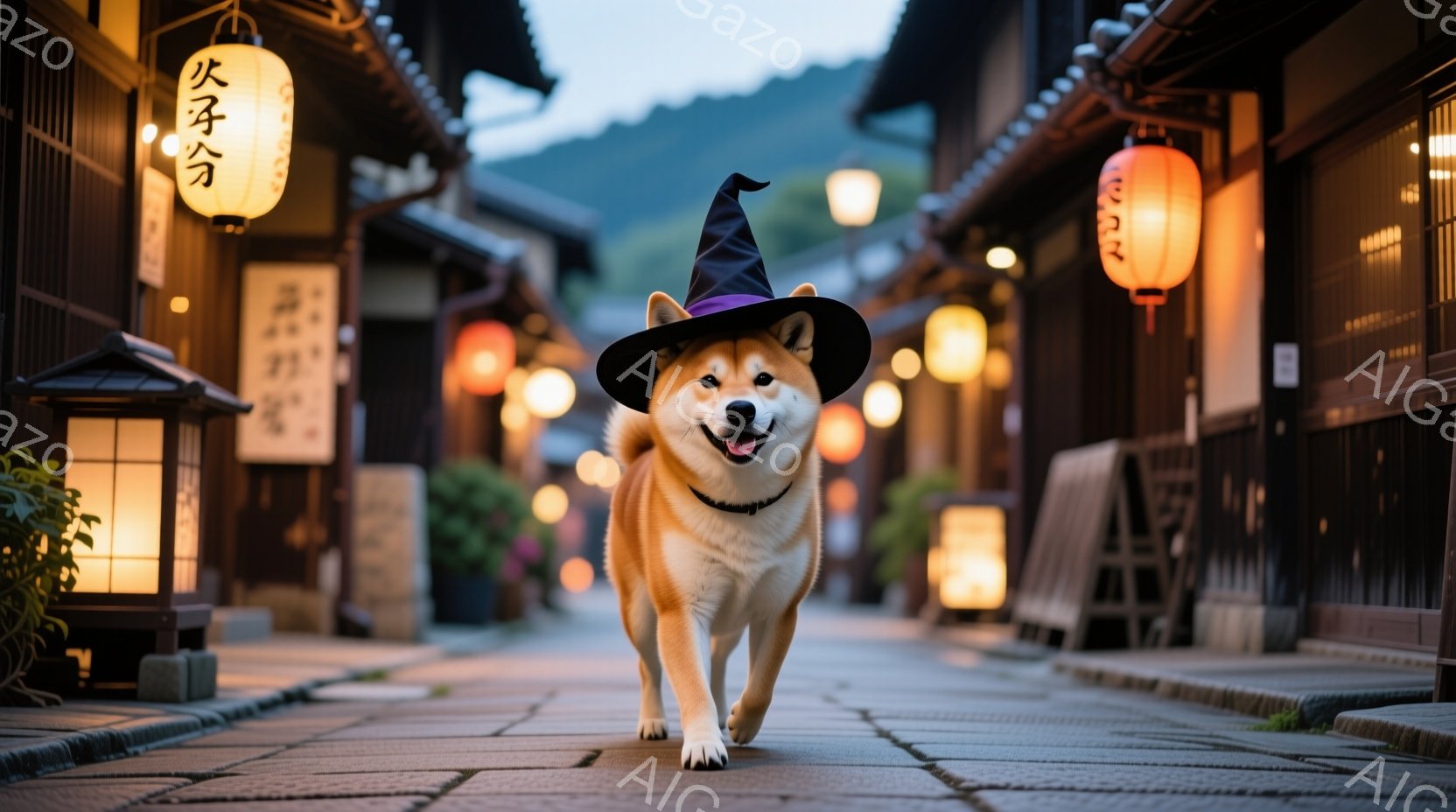 柴犬が、古い町並みの石畳の道をまっすぐ歩いてきている。頭にはハロウィーンらしい魔女の帽子をかぶり、口を開けて楽しそうにしている。背景には木造の建物が並び、提灯の灯りが暖かく、秋の夕暮れのような穏やかな - AI生成フリー素材