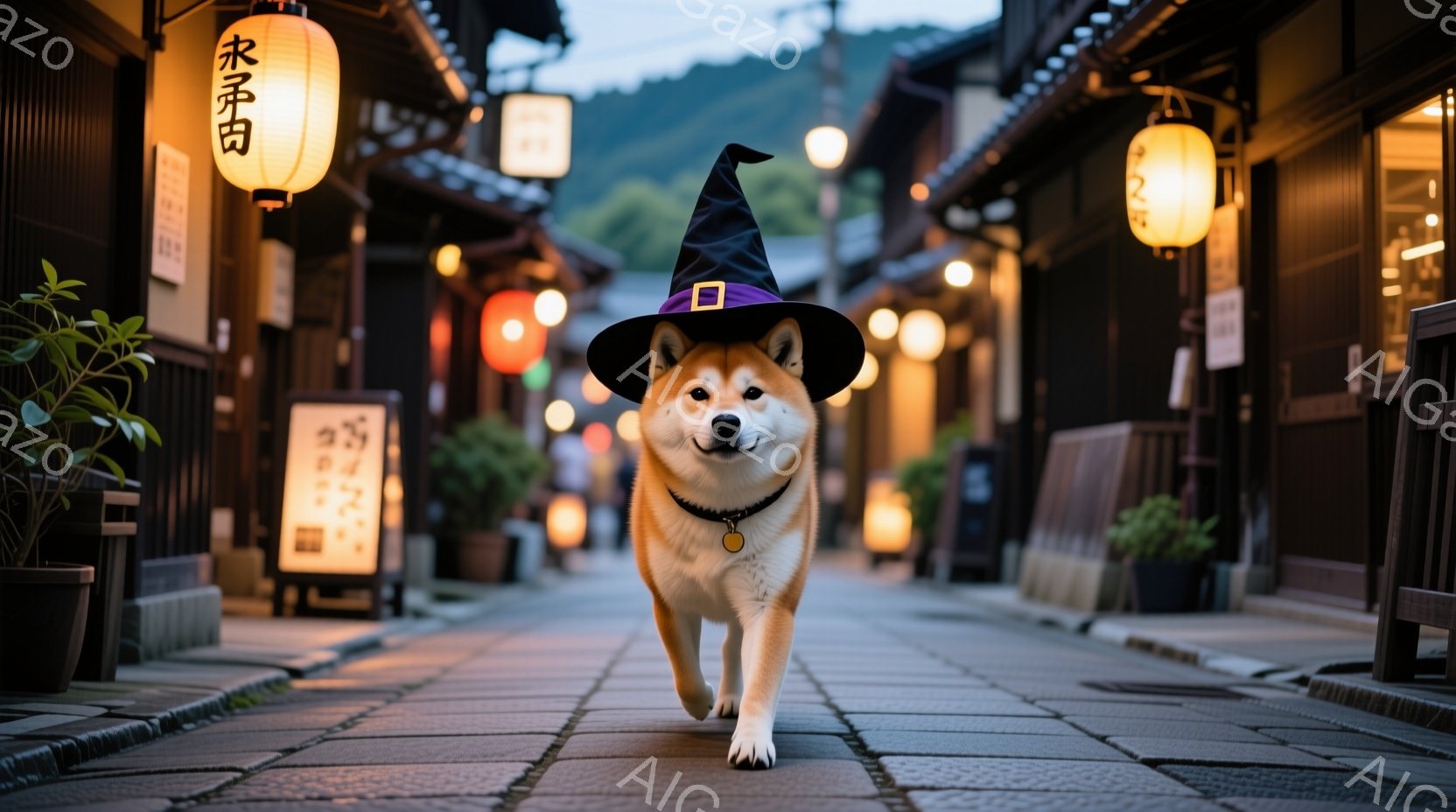 柴犬が、古い街並みの石畳の道をまっすぐ歩いてきている。犬はハロウィーンの魔女帽子をかぶり、首輪をつけている。背景には木造建築が並び、オレンジ色の提灯が灯り、薄暗い夕暮れ時の落ち着いた雰囲気が漂っている - AI生成フリー素材