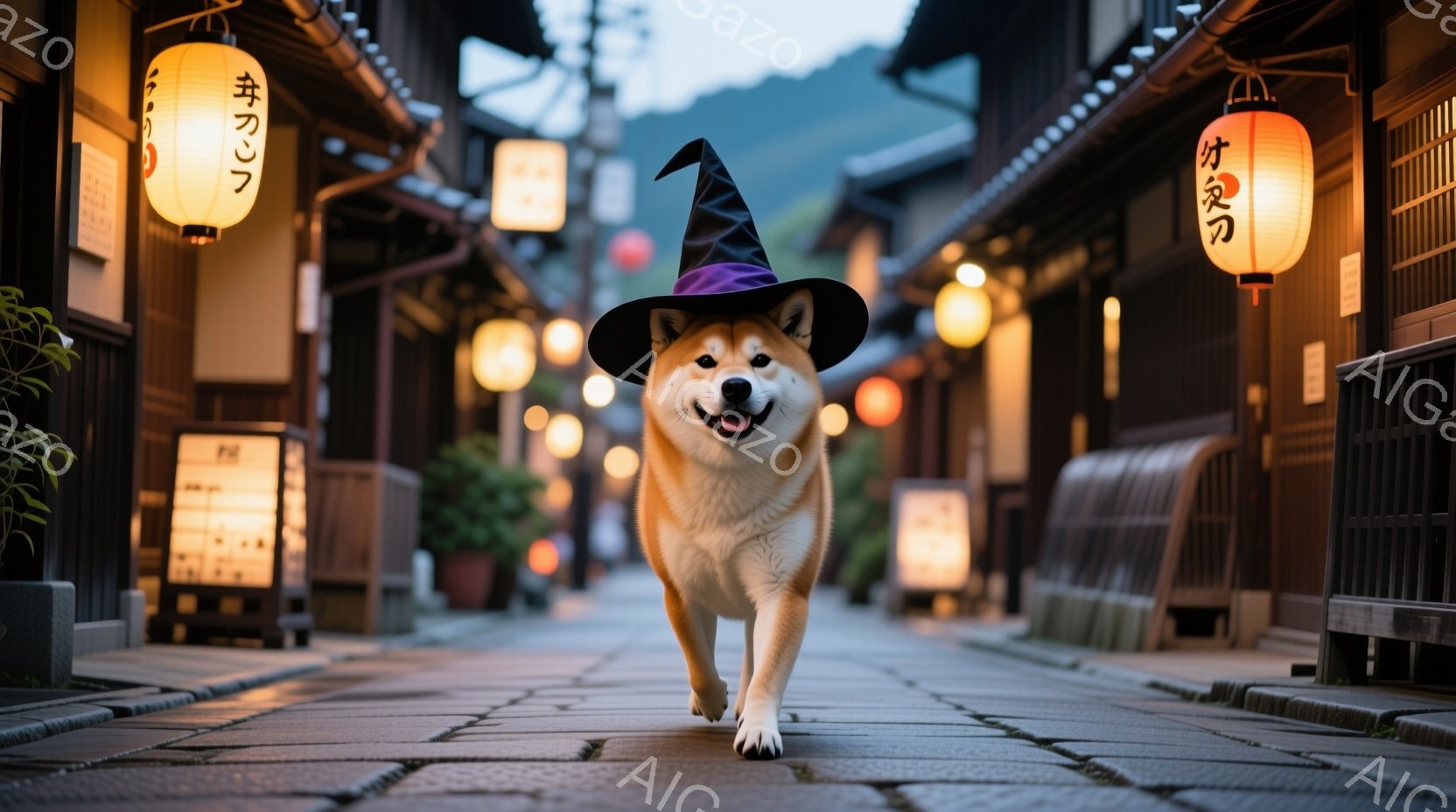 柴犬が、古い町並みの石畳の道を歩いている。黒い魔女の帽子を被っており、少しいたずらっぽい表情でこちらを見ている。背景には木造の建物が並び、提灯が灯り、幻想的な雰囲気を醸し出している。 - AI生成フリー素材