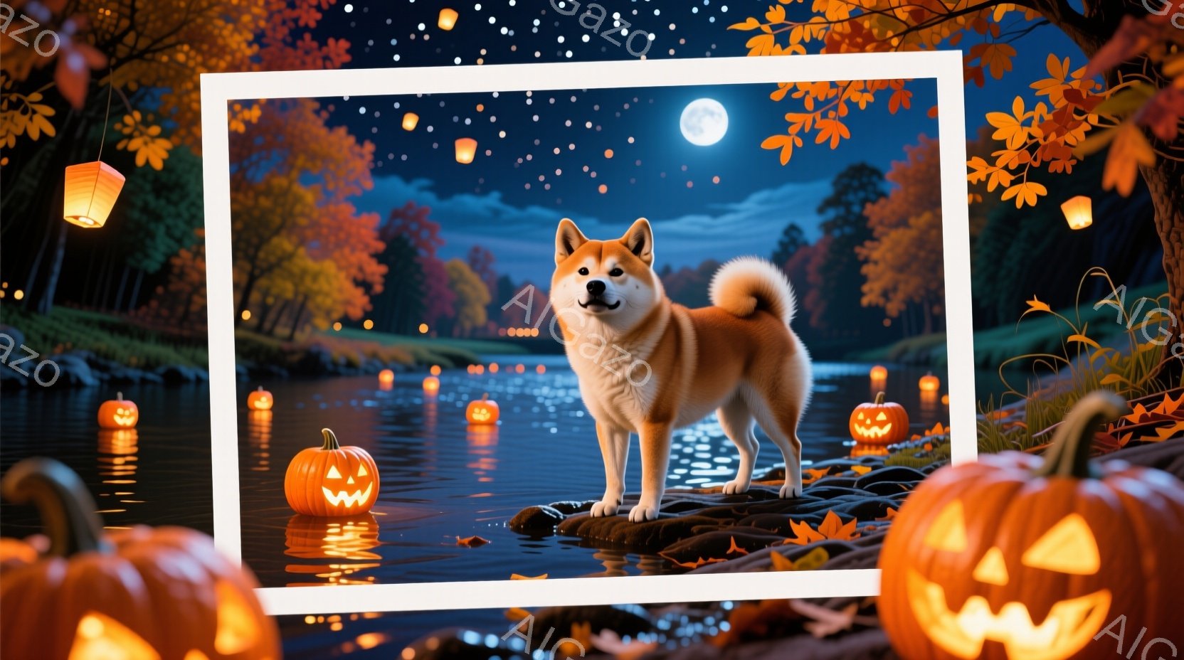 燃えるようなオレンジ色の毛並みを持つ秋田犬が、水面が光る穏やかな湖のそばの岩の上に立っている。背景には、ハロウィーンのランタンと彫刻が施されたカボチャが浮かび、深い青色の夜空には満月と星が輝いている。 - AI生成フリー素材