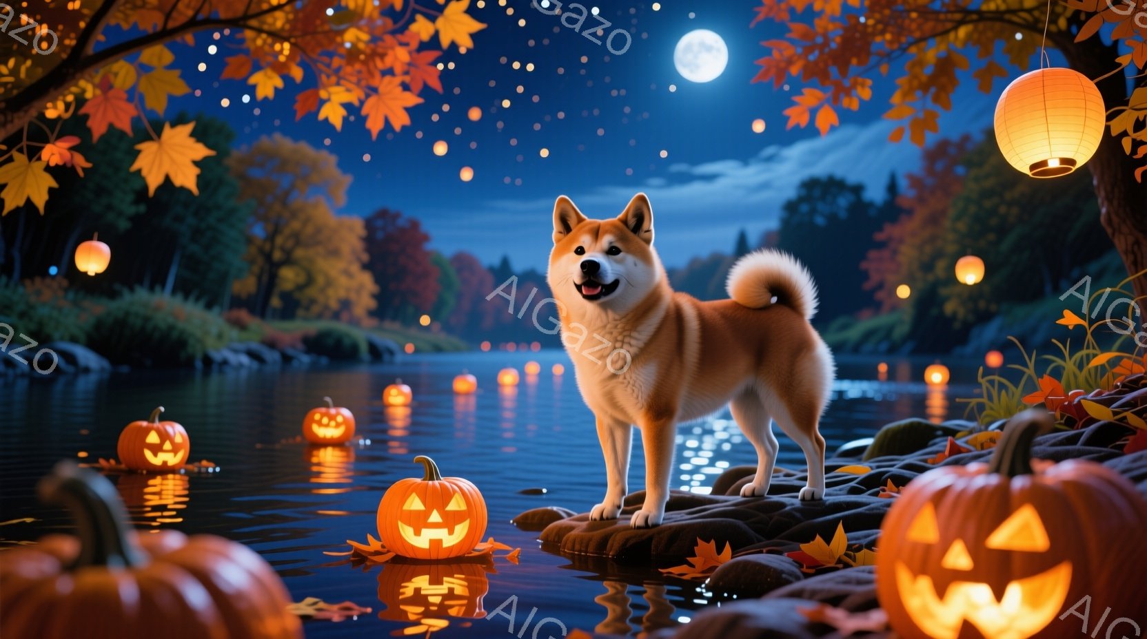 柴犬が、ハロウィーンの夜の川沿いに立っている。周囲には浮かぶカボチャのランタンと、川岸に並んだジャック・オ・ランタンがあり、秋の紅葉が背景を彩り、夜空には満月が輝いている。 全体的に幻想的で温かい、お - AI生成フリー素材