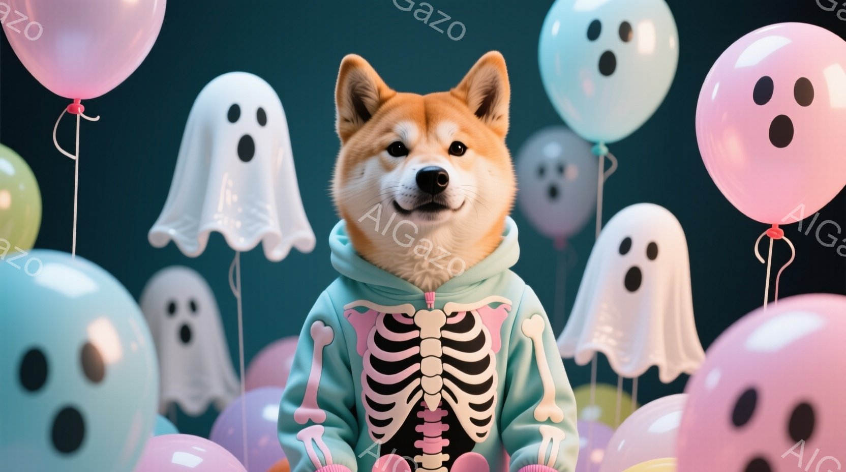 柴犬がハロウィーンの衣装を着て、明るい背景に浮かぶお化けのバルーンに囲まれています。緑色のスケルトン柄のパーカーを着ており、少し上目遣いな表情で、可愛らしい姿を見せています。背景には、パステルカラーの - AI生成フリー素材