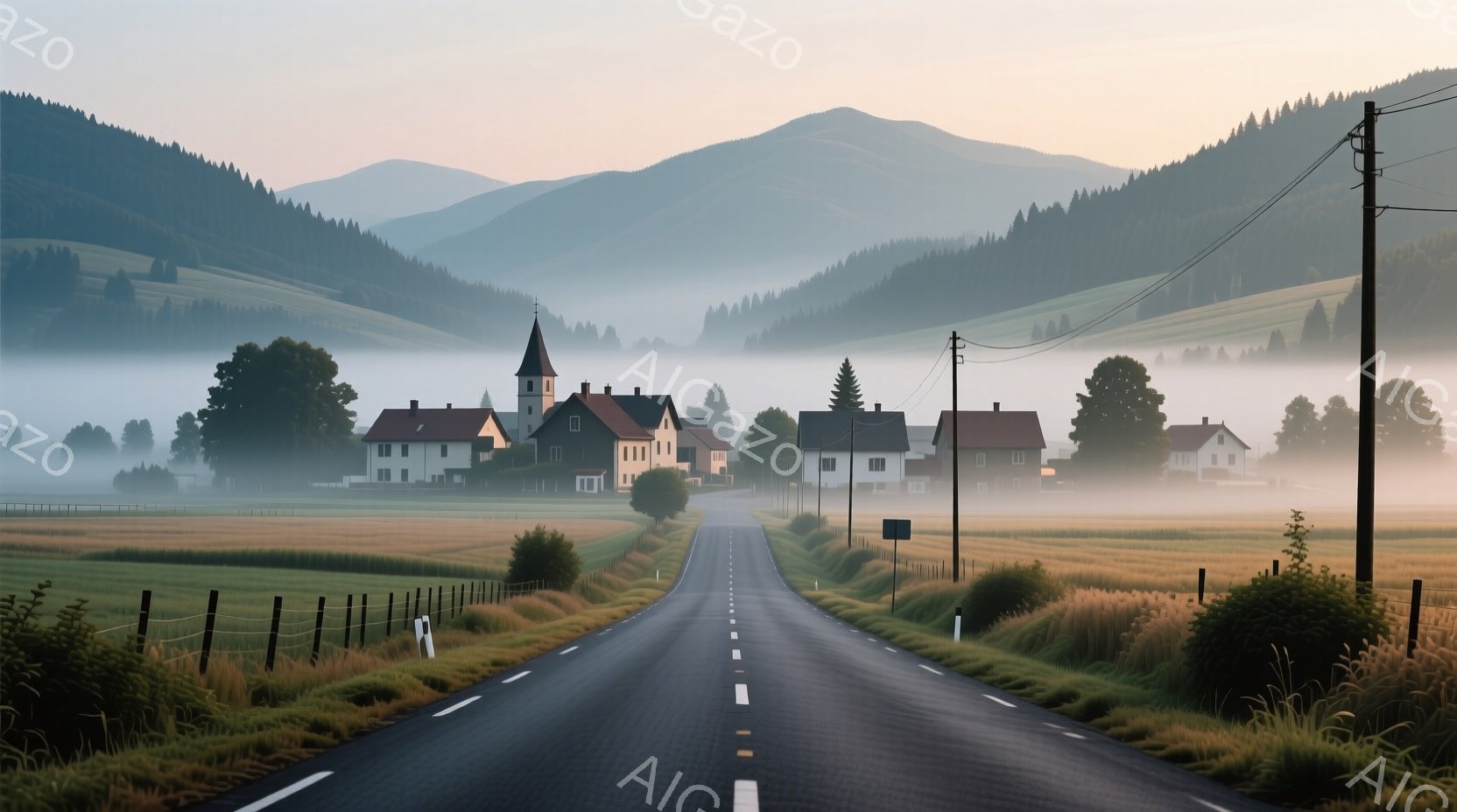 舗装された道路が、霧のかかった田園風景の中をまっすぐに伸びている。遠景には、緑豊かな丘陵と、その麓に点在する可愛らしい家々が見える。朝靄が立ち込め、穏やかで静謐な雰囲気が漂っている。