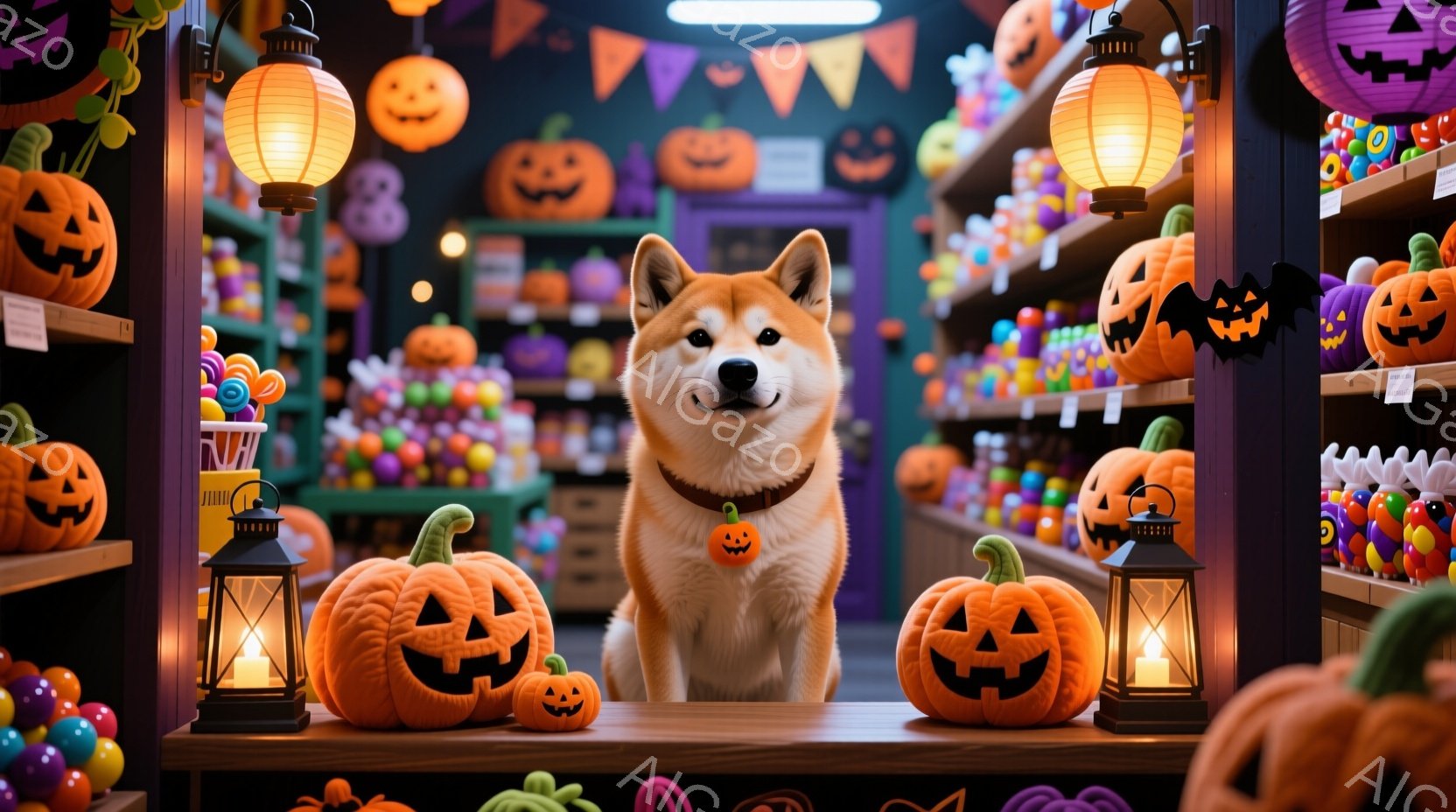 柴犬がハロウィーンのキャンディが並んだお店のカウンターに座っています。首輪にはかぼちゃのチャームが付いており、カメラに向かって穏やかな表情で正面を見ています。背景には、さまざまな種類のハロウィーンのかぼちゃのぬいぐるみや装飾が溢れ、お祭り気分を盛り上げています。