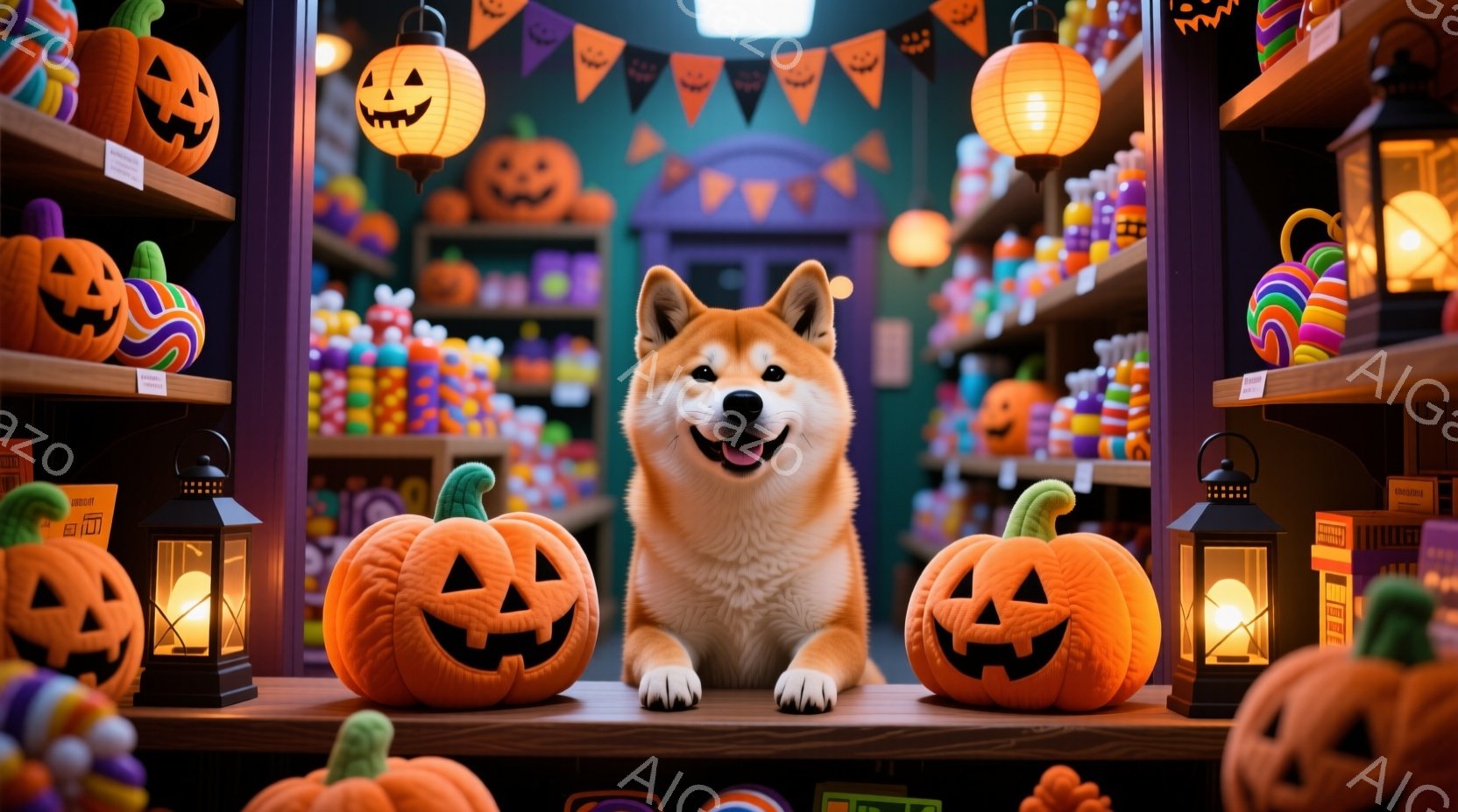 柴犬がハロウィーンの飾り付けられた店の中で、両側にオレンジ色のジャック・オー・ランタンを置き、正面を向いて微笑んでいます。背景には、カラフルなお菓子やその他のハロウィーンの装飾が並んだ棚があり、店全体が暖かくお祭り気分で満たされています。提灯や可愛らしいお化け屋敷の飾りもアクセントとなり、楽しい雰囲気を盛り上げています。