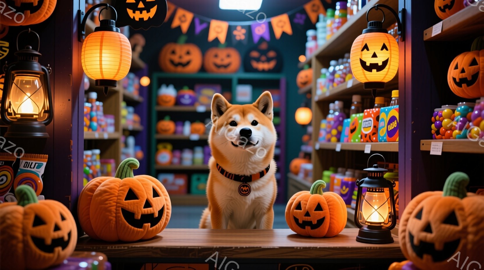 明るいオレンジ色の柴犬が、ハロウィーンの飾り付けがされたお店のカウンターに座っています。首輪をつけており、穏やかで少し微笑んでいるような表情をしています。背景には、カラフルなキャンディーやカボチャのランタンが並び、お祝いムード満点です。
