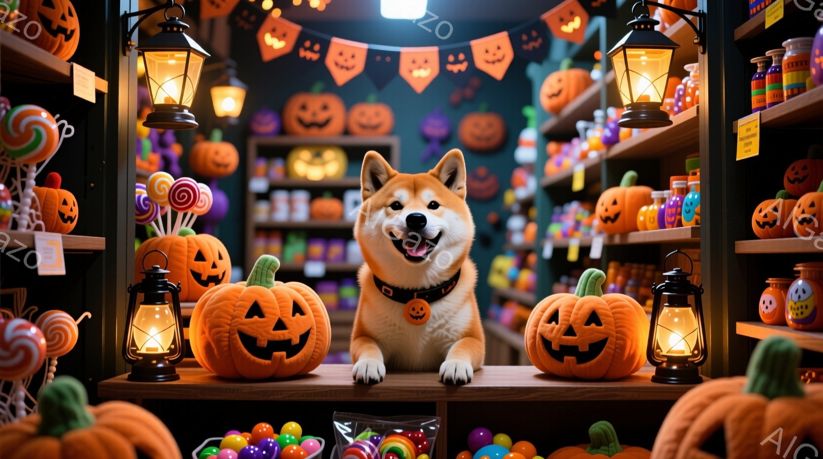 ハロウィーンの装飾で飾られた店内で、笑顔の柴犬が正面を向いて座っています。周りには、さまざまな種類のジャック・オー・ランタンと、キャンディーやその他のハロウィーンのお菓子が並んでいます。暖色系の照明と - AI生成フリー素材