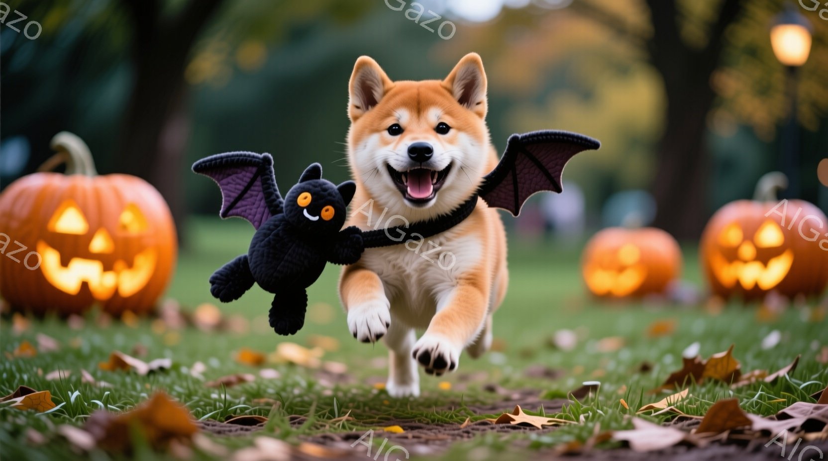 鮮やかなオレンジ色の毛並みの柴犬が、ハロウィーンの衣装であるコウモリの羽を身につけ、楽しそうに駆け抜けている。背景には、笑みを浮かべたジャック・オ・ランタンが並び、落ち葉が散らばる緑の芝生の上を走る姿 - AI生成フリー素材