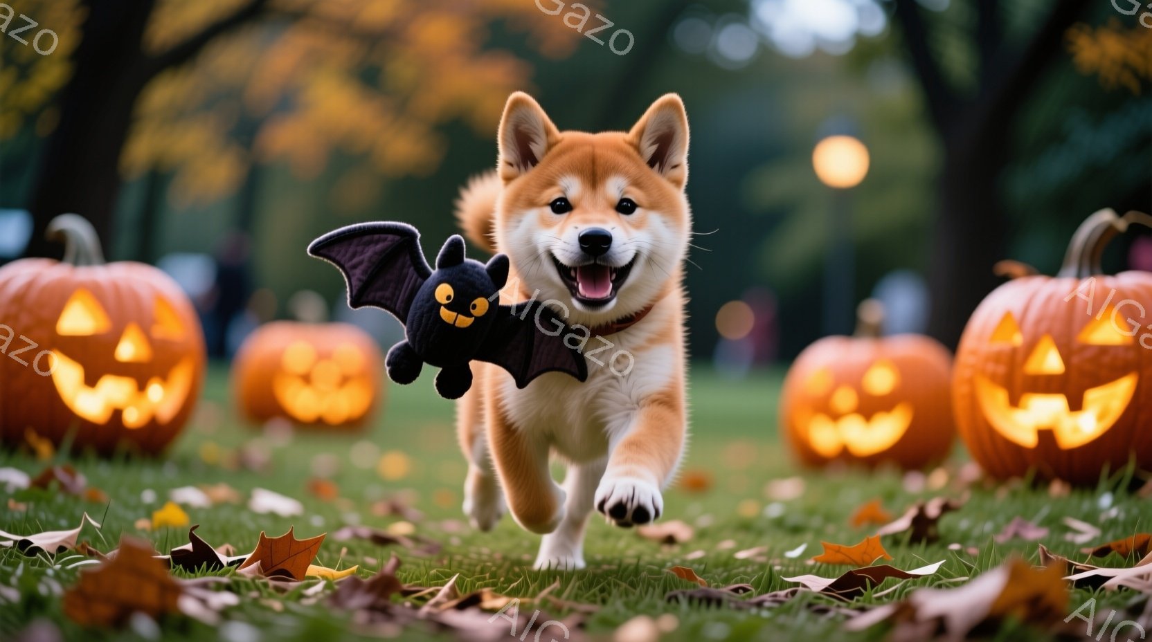 鮮やかなオレンジ色の柴犬が、緑の芝生の上を走りながら、片手に黒いコウモリのぬいぐるみを抱えています。背景には、ジャック・オー・ランタンがいくつか置かれており、秋のハロウィーンの雰囲気を感じさせます。全 - AI生成フリー素材